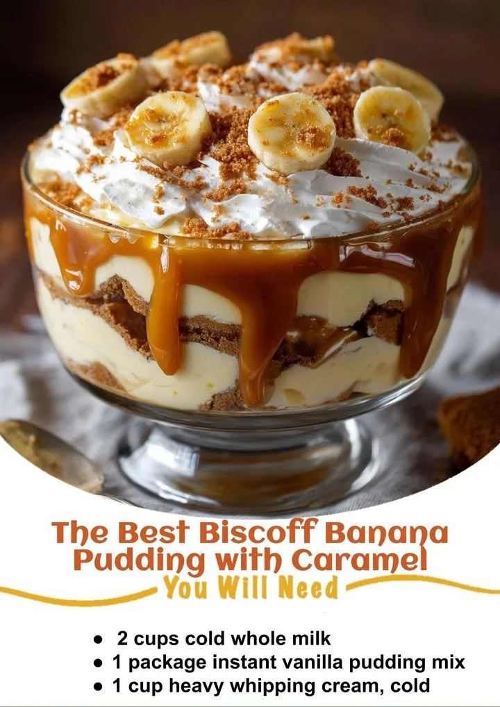 Delicious Biscoff banana pudding layered with caramel sauce and banana slices.