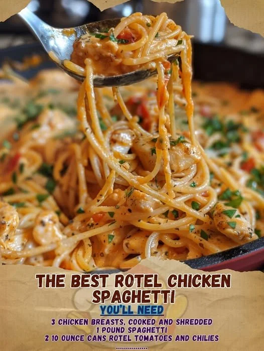 Delicious plate of Rotel Chicken Spaghetti topped with cheese and herbs