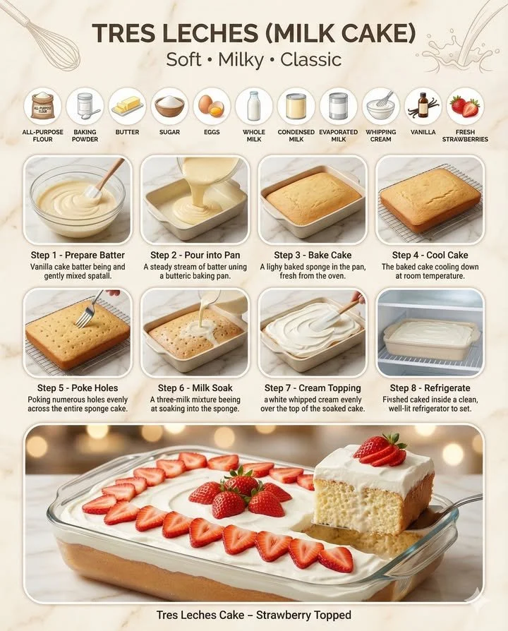Delicious Three Milks Milk Cake served on a plate with toppings.