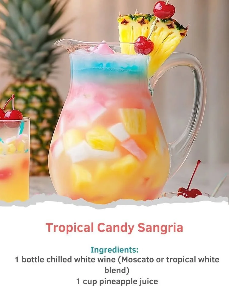 Glass of Tropical Candy Sangria with fruit garnishes