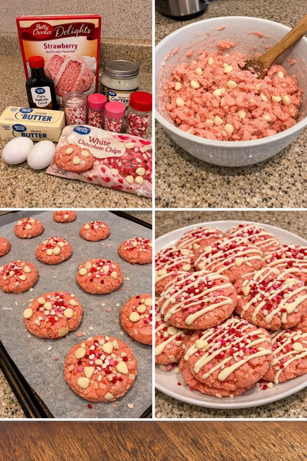 Valentine Strawberry Cookies decorated with heart shapes and fresh strawberries