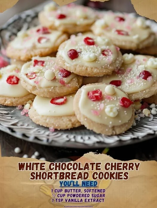 White Chocolate Cherry Shortbread Cookies on a plate