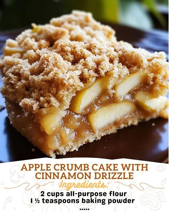 Delicious Apple Crumb Cake topped with a cinnamon drizzle.