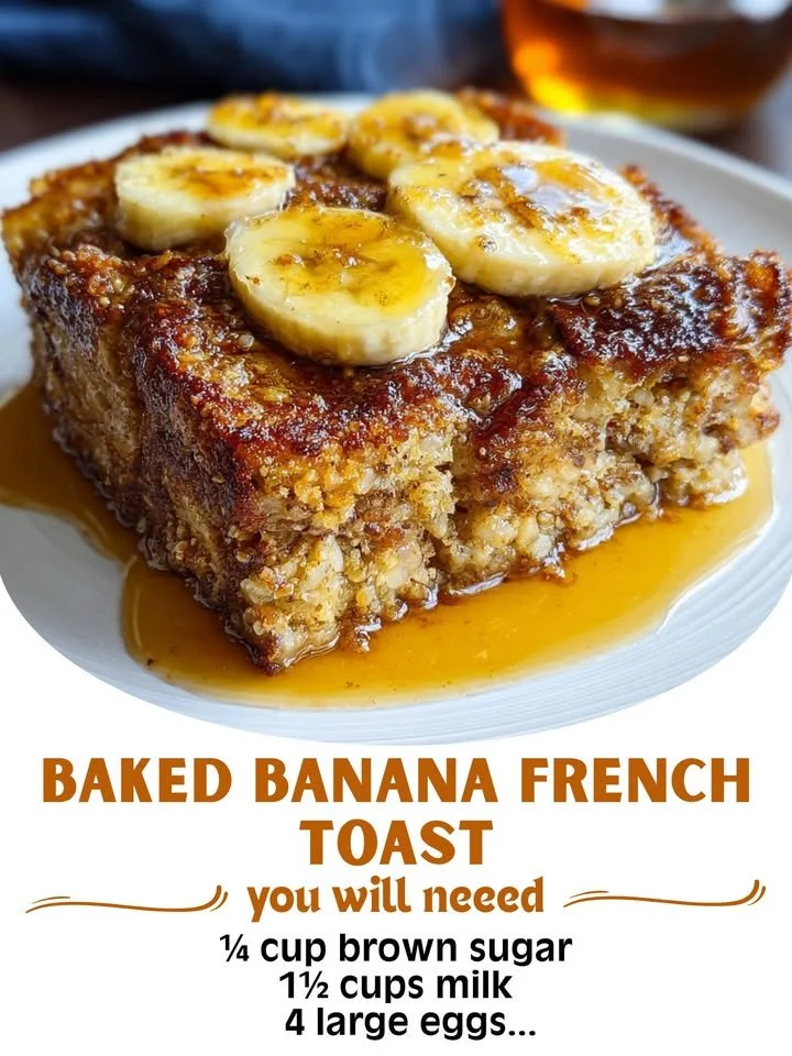 Delicious baked banana french toast topped with syrup and bananas