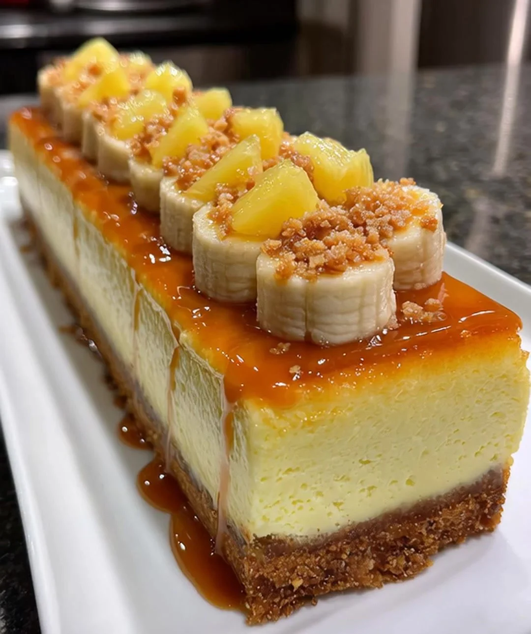 Delicious Banana Pineapple Cheesecake topped with creamy frosting and fresh fruits.