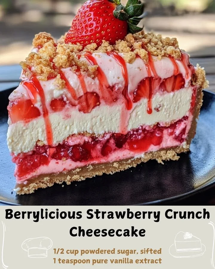 Delicious strawberry crunch cheesecake topped with fresh strawberries and a crispy crust.