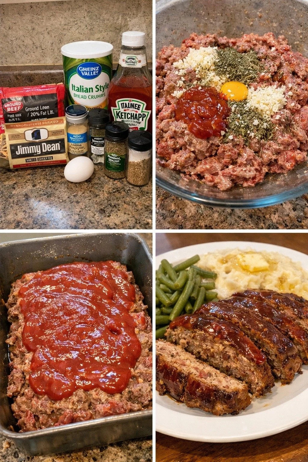 Delicious homemade meatloaf served with mashed potatoes and vegetables