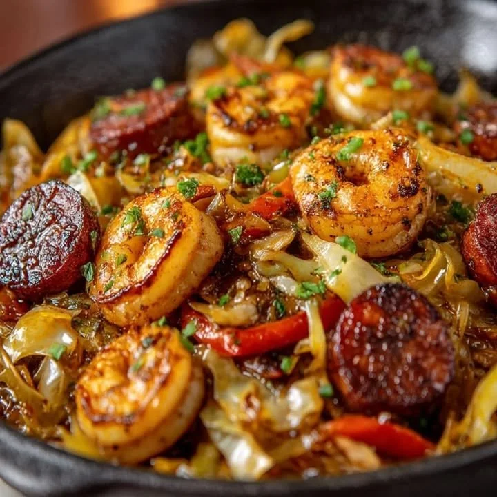 Delicious shrimp sausage cabbage skillet packed with flavor