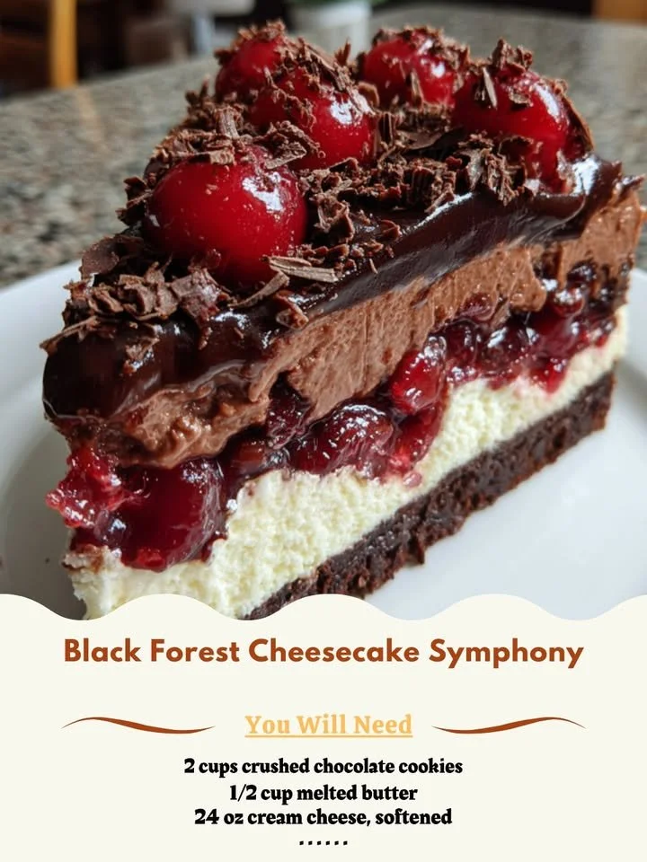 Sliced Black Forest Cheesecake garnished with cherries and chocolate shavings