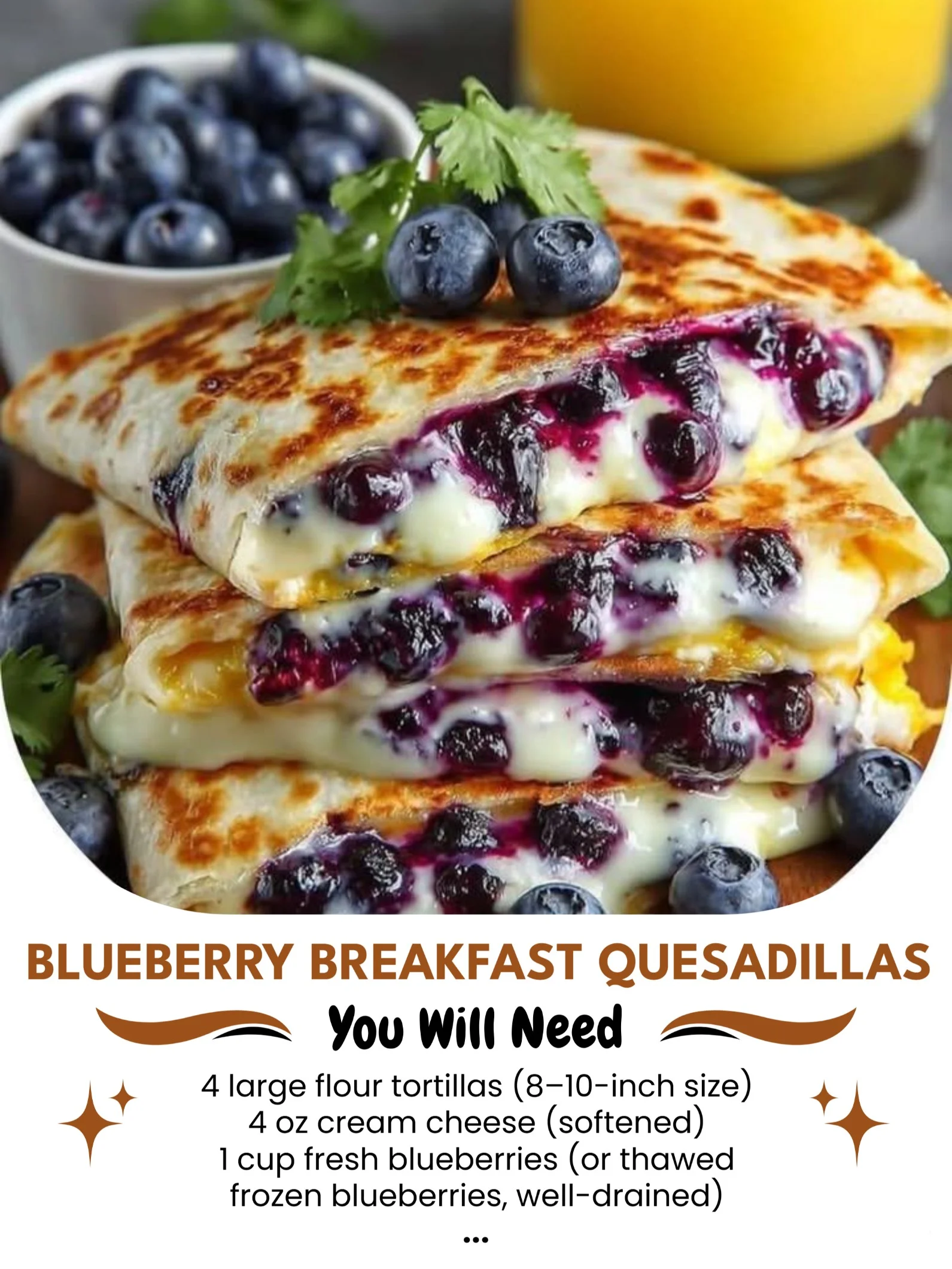 Blueberry breakfast quesadillas with melted cheese and fresh blueberries