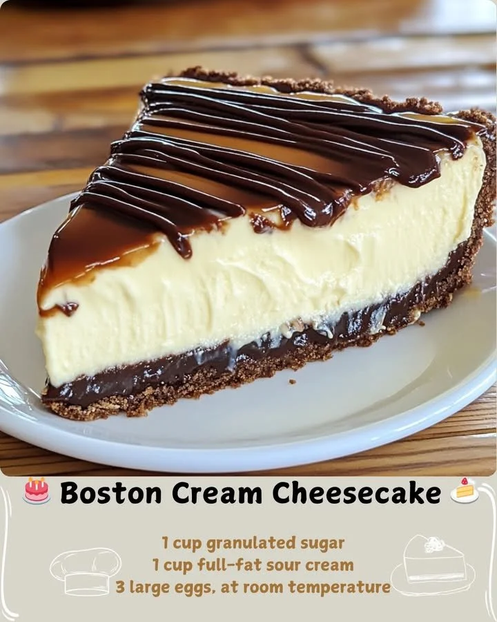 Delicious Boston Cream Cheesecake topped with chocolate ganache and whipped cream