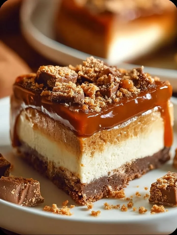 Delicious Butterfinger caramel cheesecake topped with chocolate and caramel