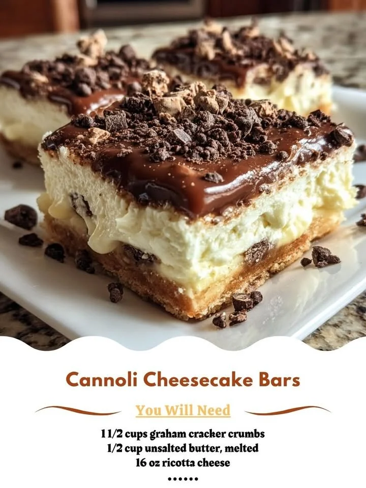 Delicious cannoli cheesecake bars drizzled with chocolate and topped with pistachios
