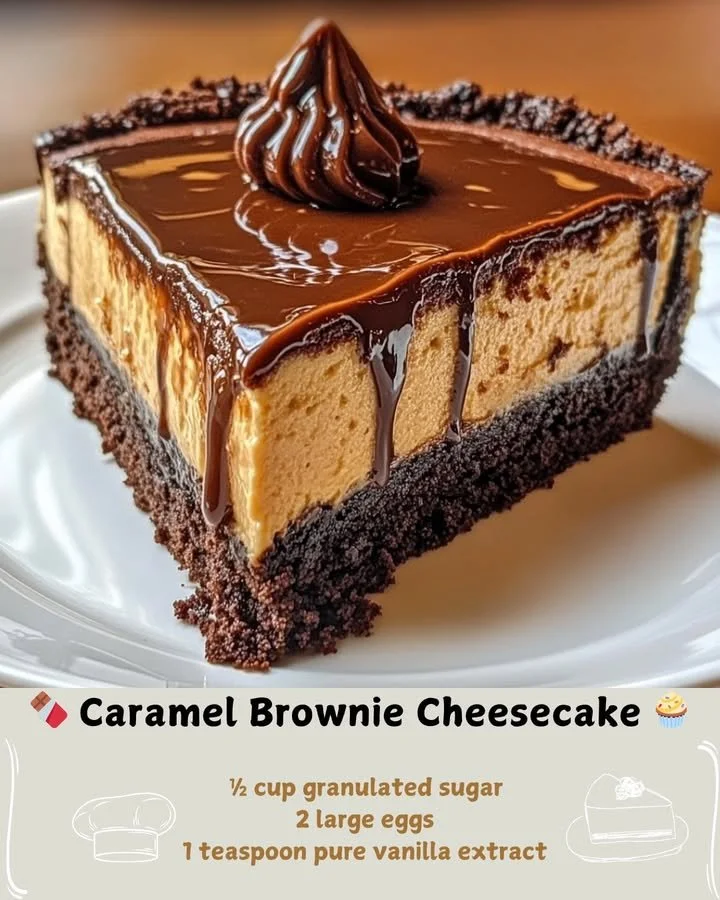 Delicious slice of Caramel Brownie Cheesecake topped with caramel drizzle
