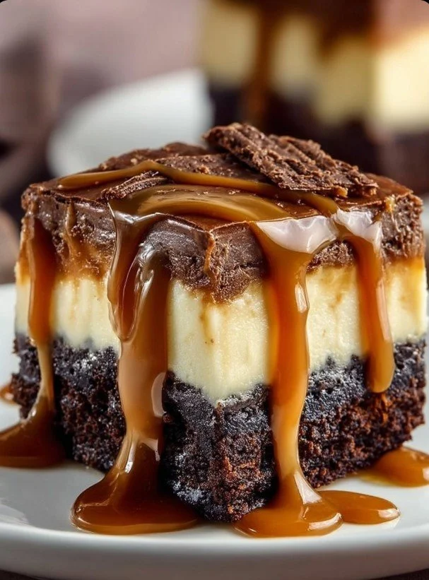 Delicious Caramel Brownie Cheesecake topped with caramel drizzle