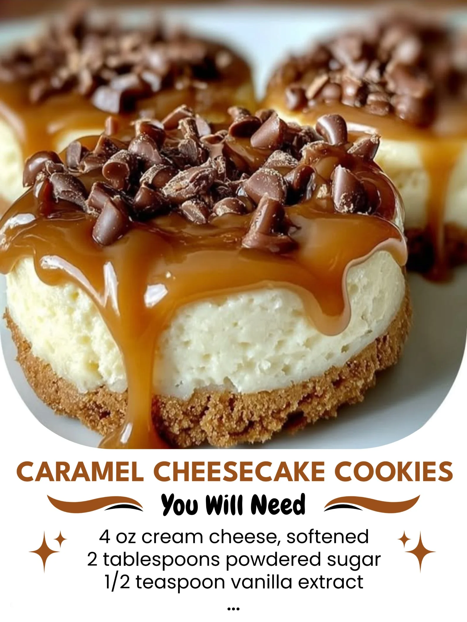 Delicious caramel cheesecake cookies topped with gooey caramel drizzle