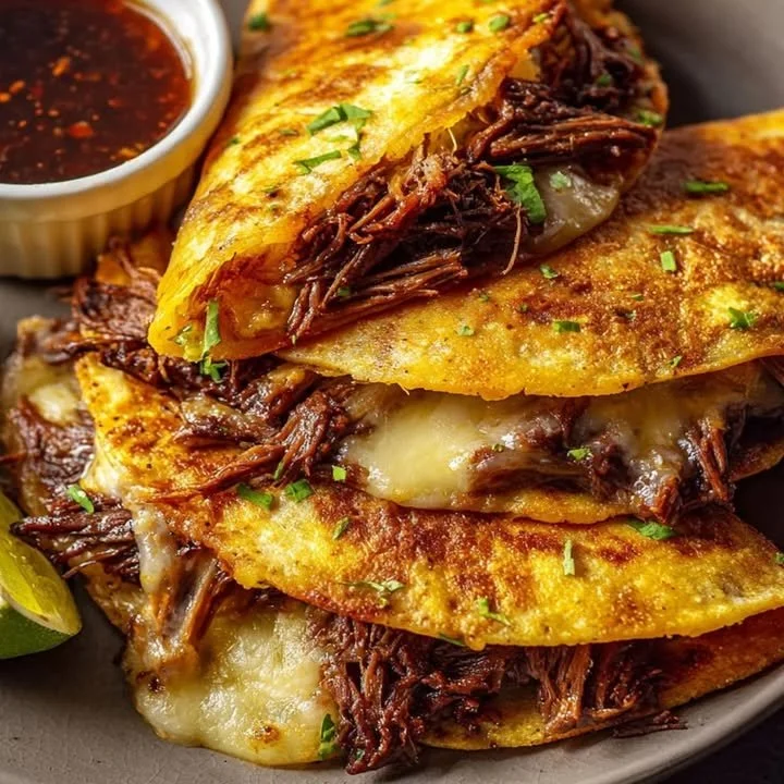 Cheesy Birria Tacos served with rich broth and garnished with onions and cilantro