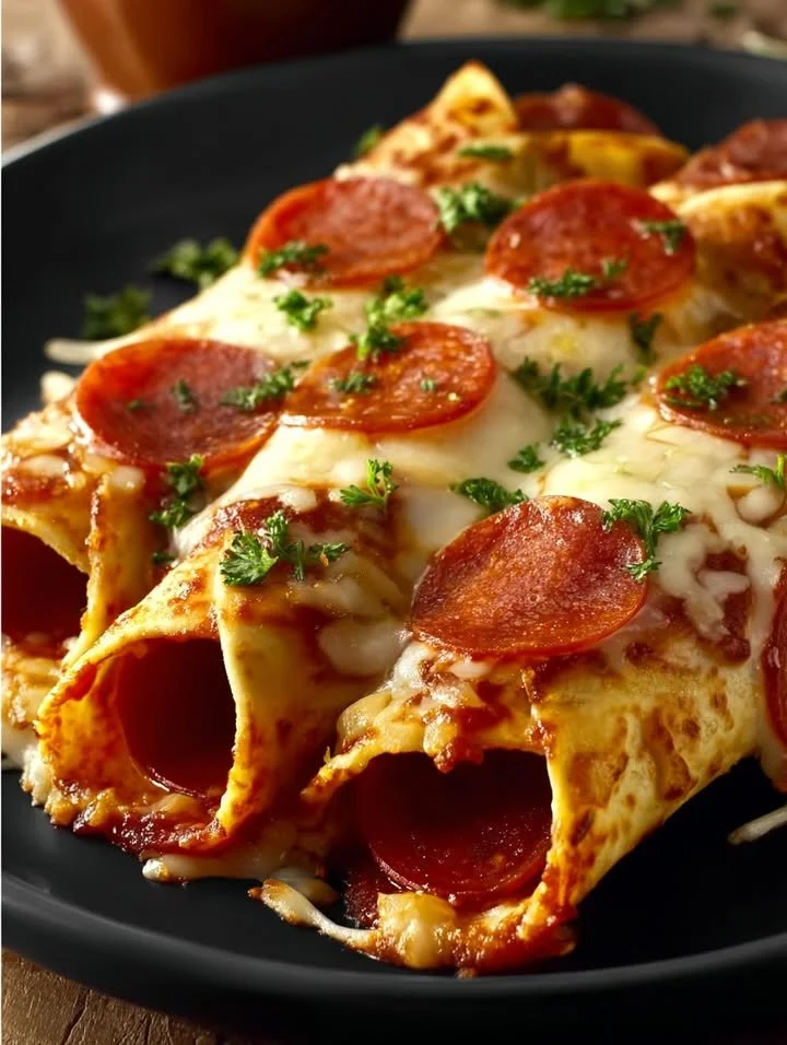 Cheesy pepperoni pizza roll-ups served on a plate with dipping sauce.