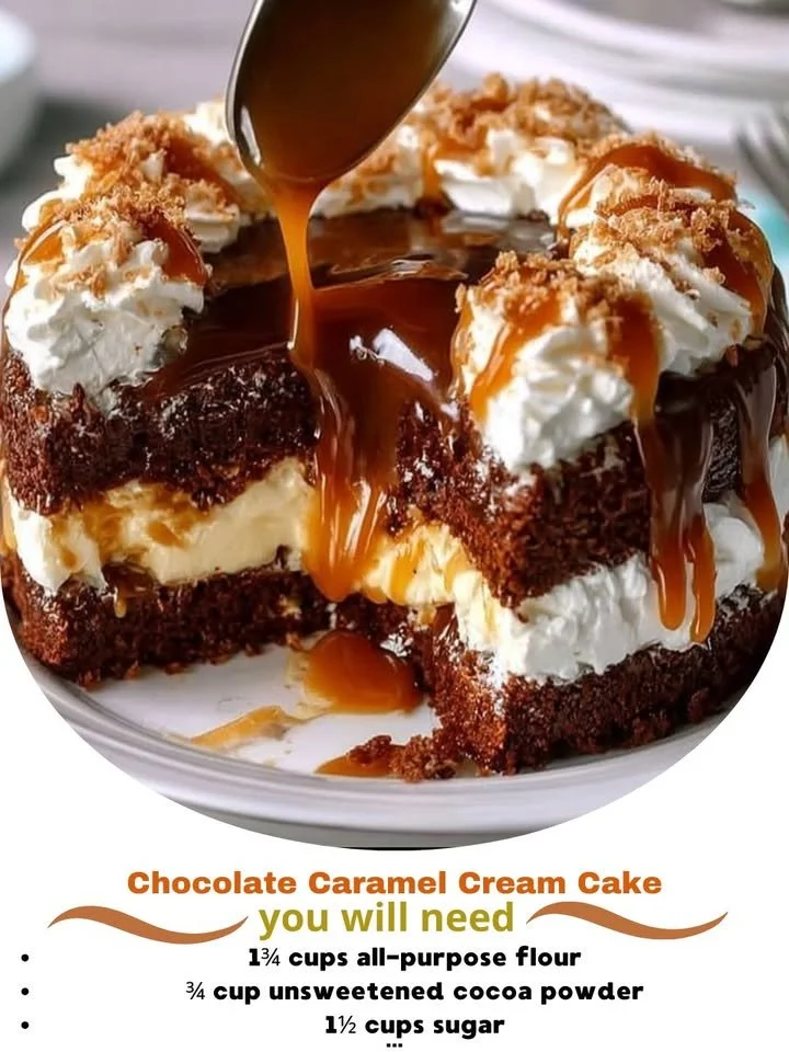 Delicious Chocolate Caramel Cream Cake with creamy layers and rich chocolate drizzle