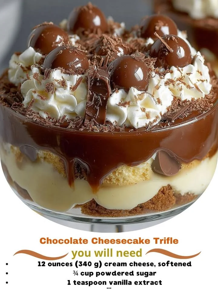 Decadent Chocolate Cheesecake Trifle with Baileys-style flavor, alcohol-free dessert