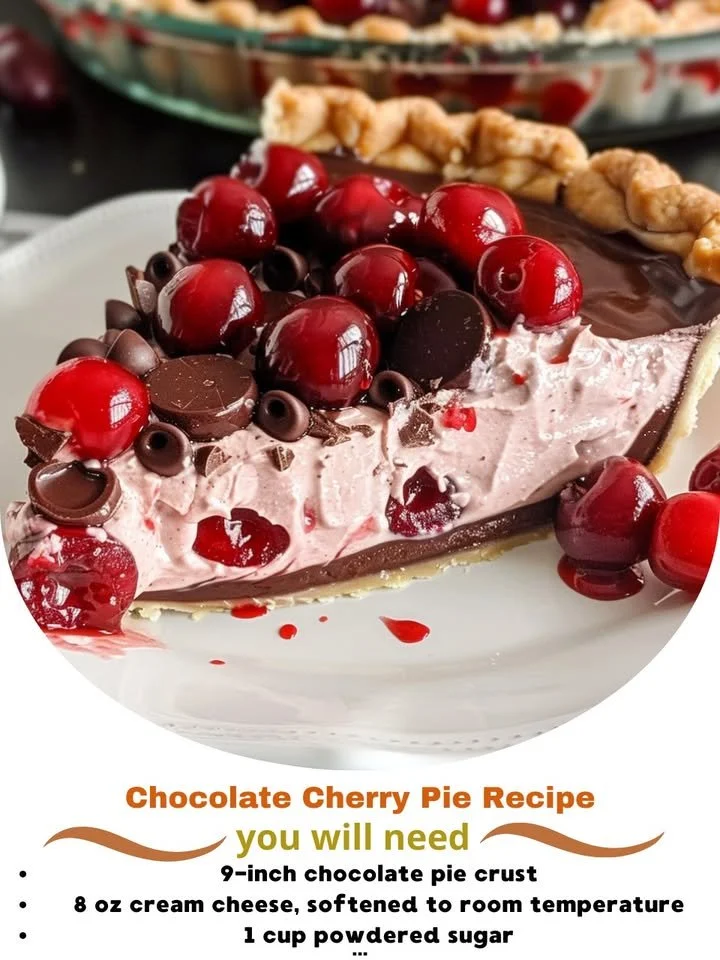 Delicious Chocolate Cherry Pie with a rich chocolate filling and cherry toppings