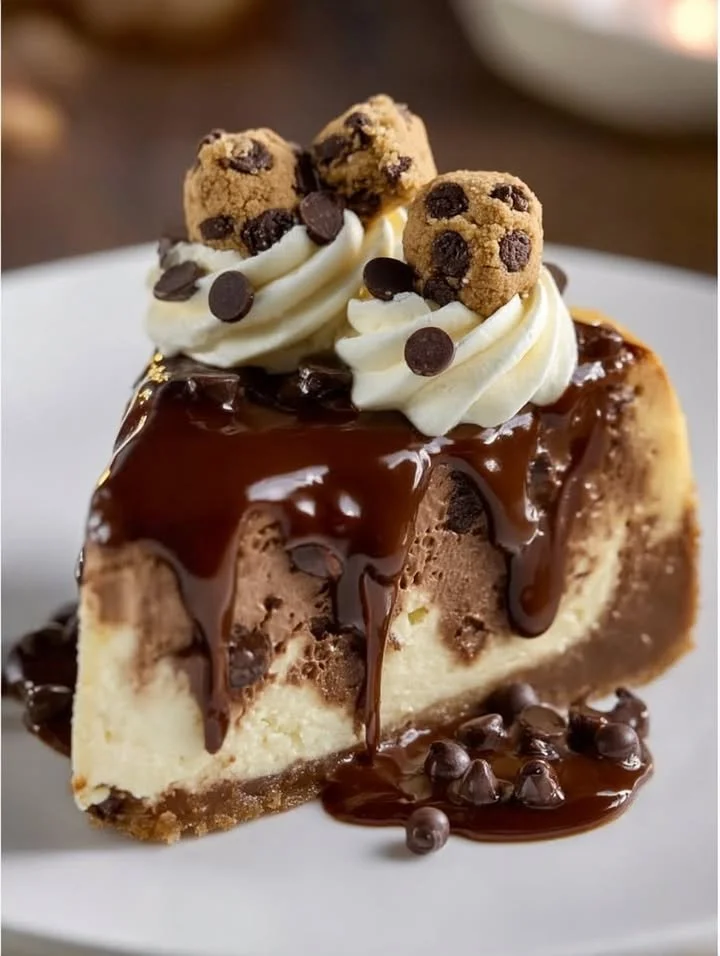 Chocolate chip cheesecake with cookie crust and chocolate chips topping