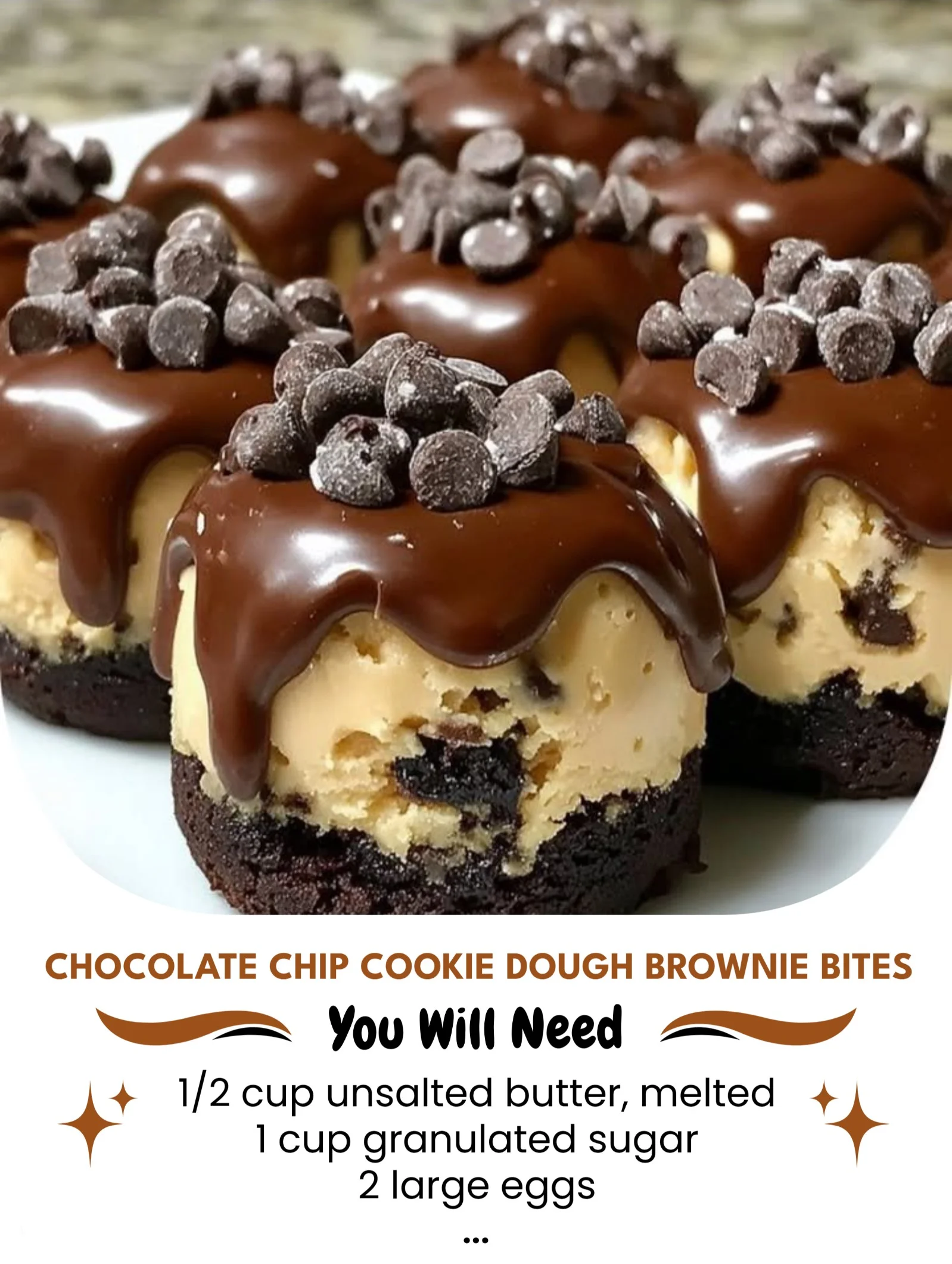 A tray of Chocolate Chip Cookie Dough Brownie Bites ready to be served.