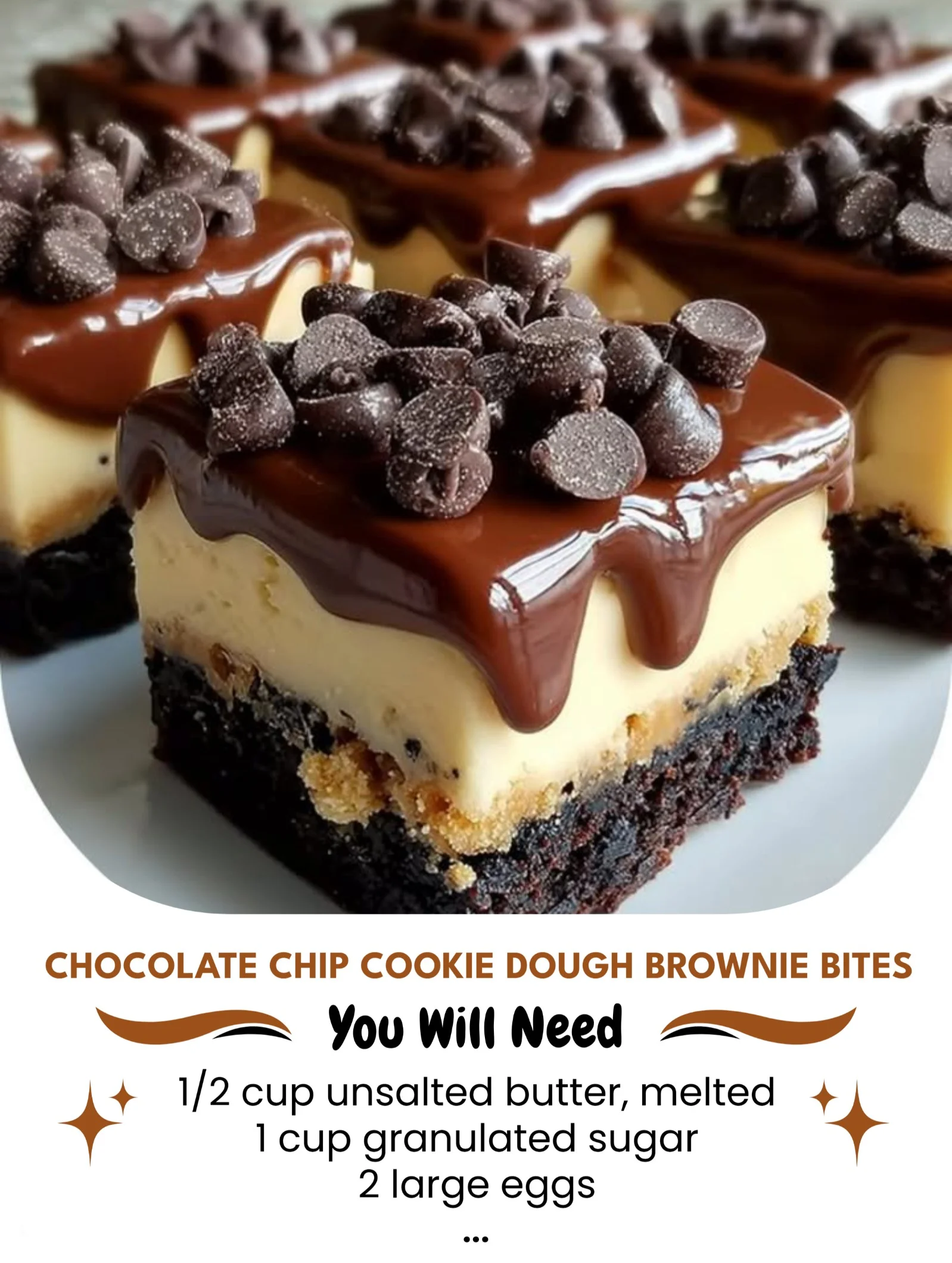 Chocolate chip cookie dough brownie bites on a plate ready to serve.