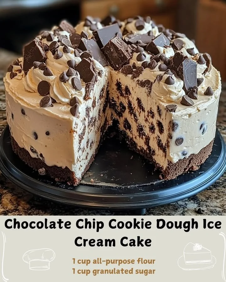 Chocolate Chip Cookie Dough Ice Cream Cake with layers of ice cream and cookie dough