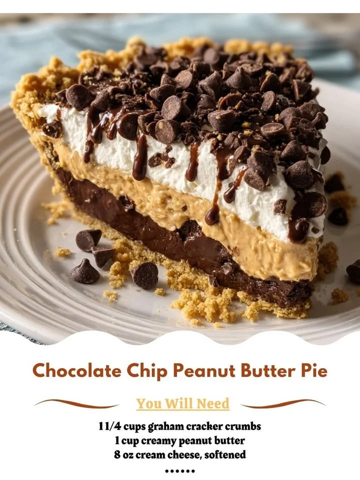 Delicious Chocolate Chip Peanut Butter Pie with chocolate chips and creamy filling