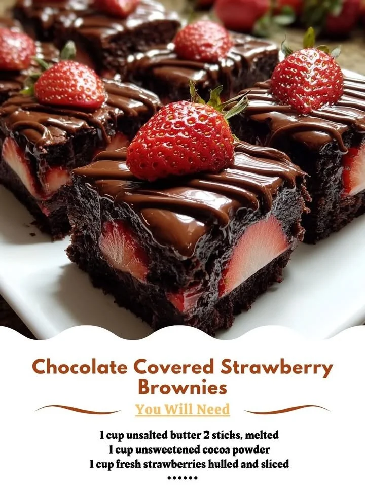Delicious chocolate covered strawberry brownies topped with chocolate drizzle.
