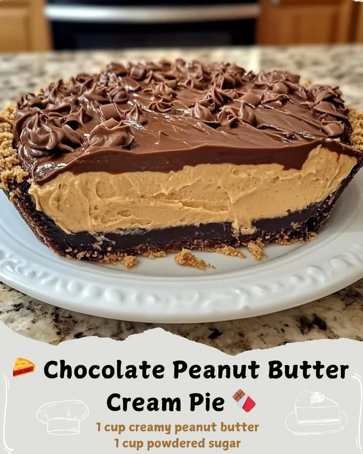 Delicious slice of Chocolate Peanut Butter Cream Pie with creamy topping