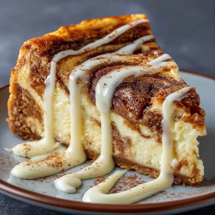 Delicious Cinnamon Roll Cheesecake slice on a plate with cinnamon swirls