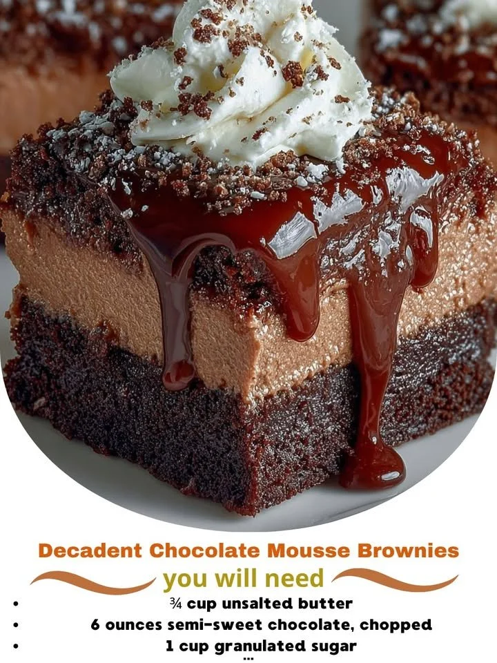Decadent chocolate mousse brownies topped with chocolate shavings