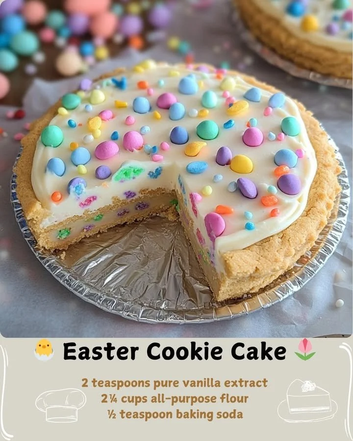 Delicious Easter Cookie Cake decorated with pastel colors and festive candies.