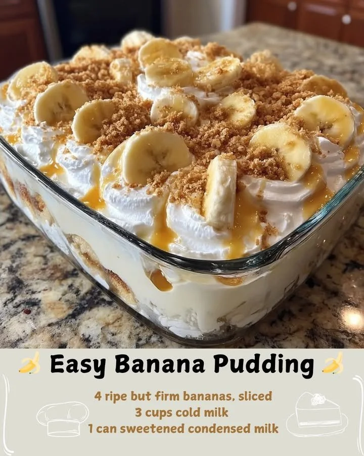 Delicious easy banana pudding topped with whipped cream and banana slices