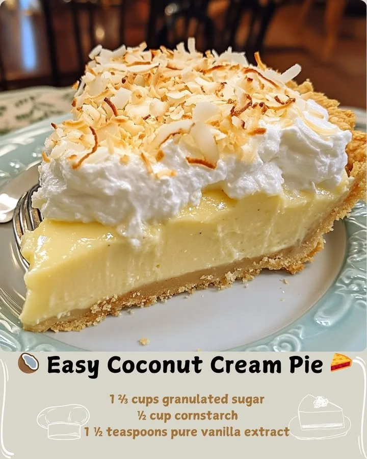 Slice of easy coconut cream pie topped with whipped cream and coconut flakes