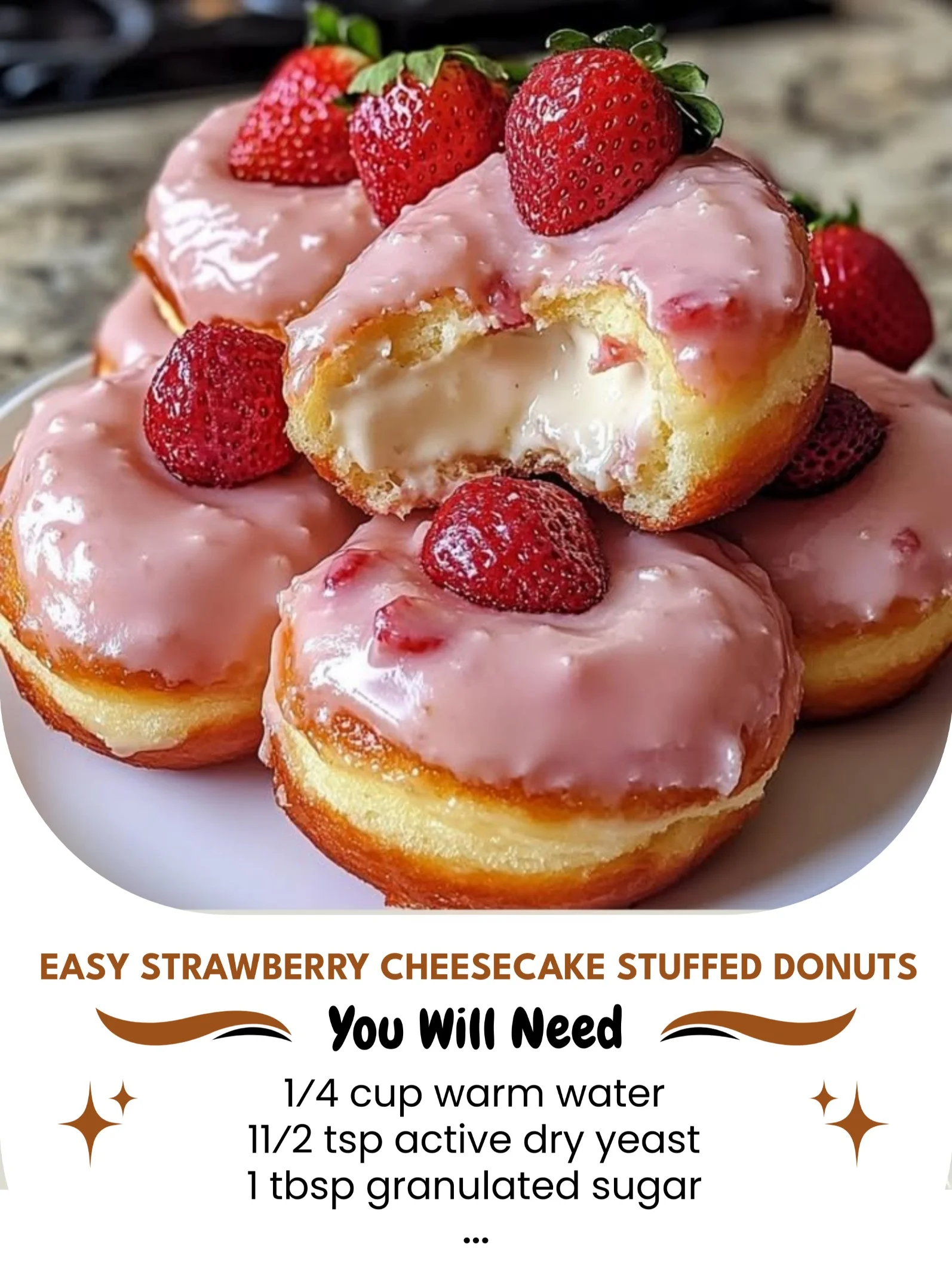 Delicious easy strawberry cheesecake stuffed donuts on a plate with fresh strawberries