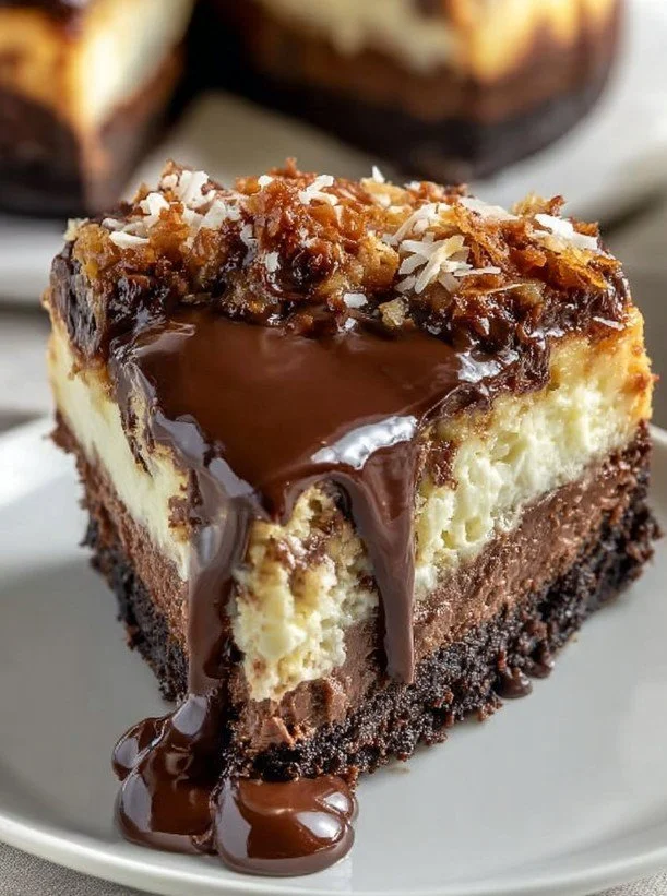 Slice of decadent German Chocolate Cheesecake topped with coconut and pecans