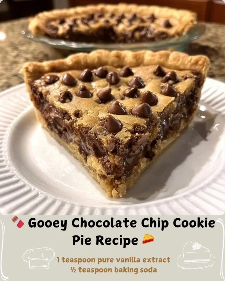 Gooey chocolate chip cookie pie fresh out of the oven, warm and delicious.