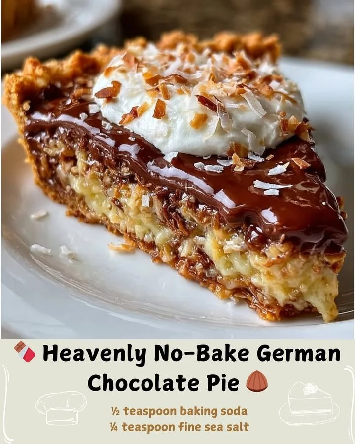 No-Bake German Chocolate Pie topped with creamy chocolate and coconut filling.