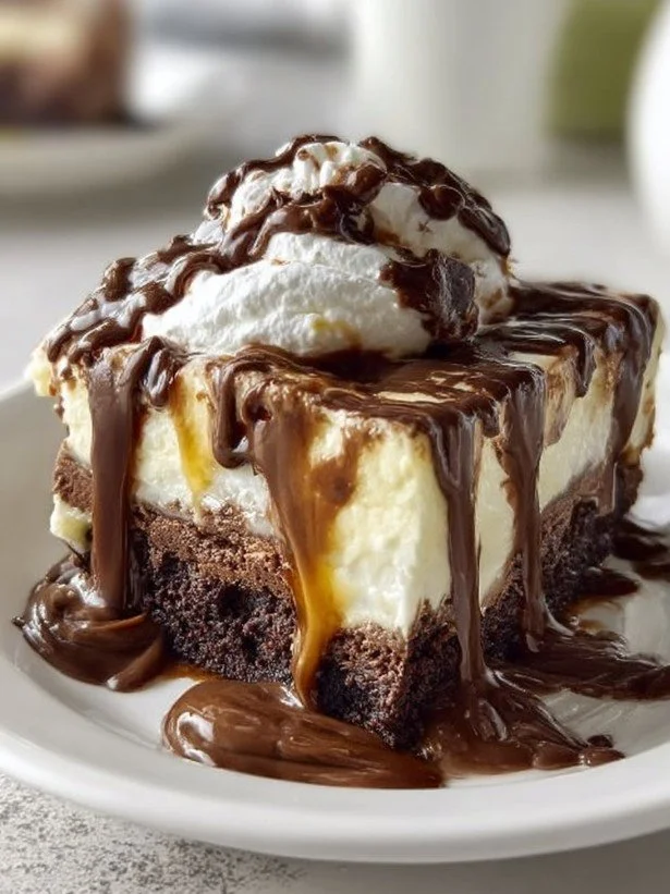 Delicious hot fudge sundae brownie cheesecake drizzled with hot fudge sauce.