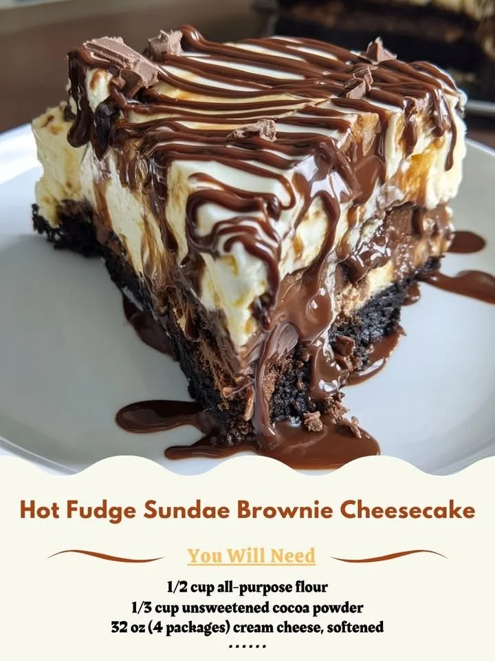 Delicious hot fudge sundae brownie cheesecake topped with chocolate sauce and whipped cream
