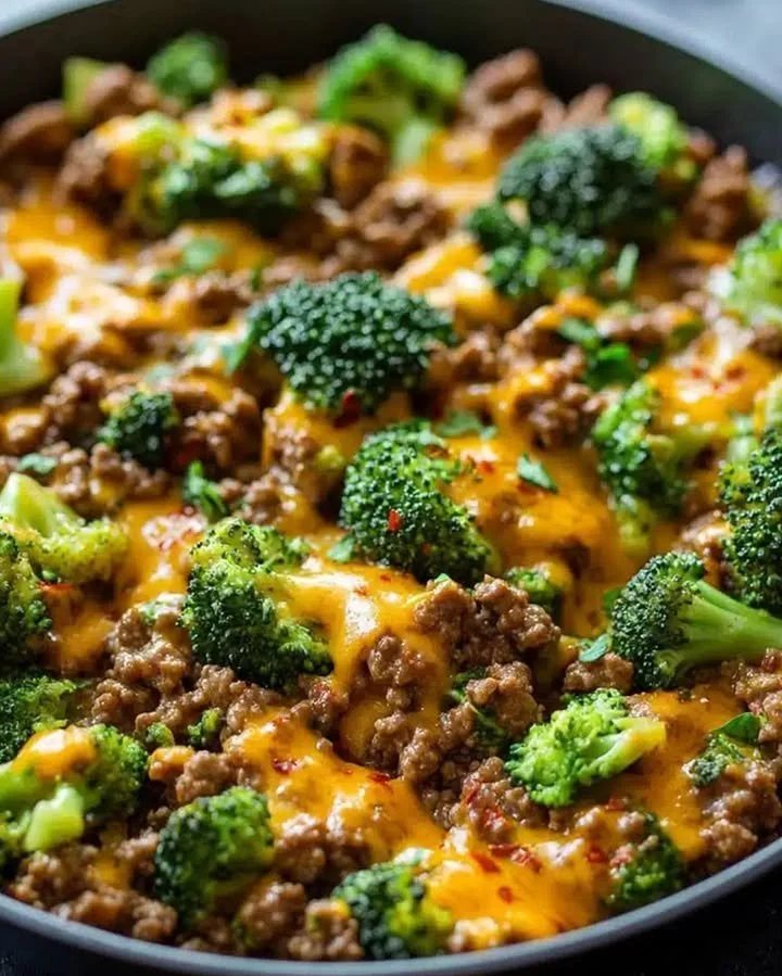 Keto Cheesy Ground Beef Skillet topped with melted cheese and herbs