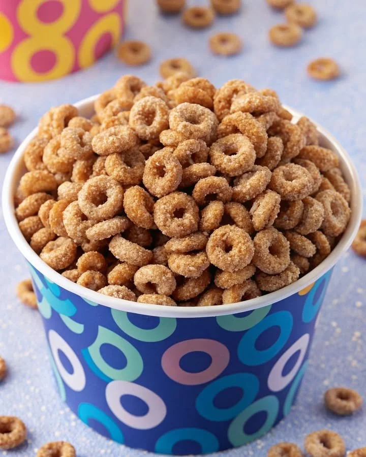 Delicious Mini Donut Hot Buttered Cheerios on a wooden table