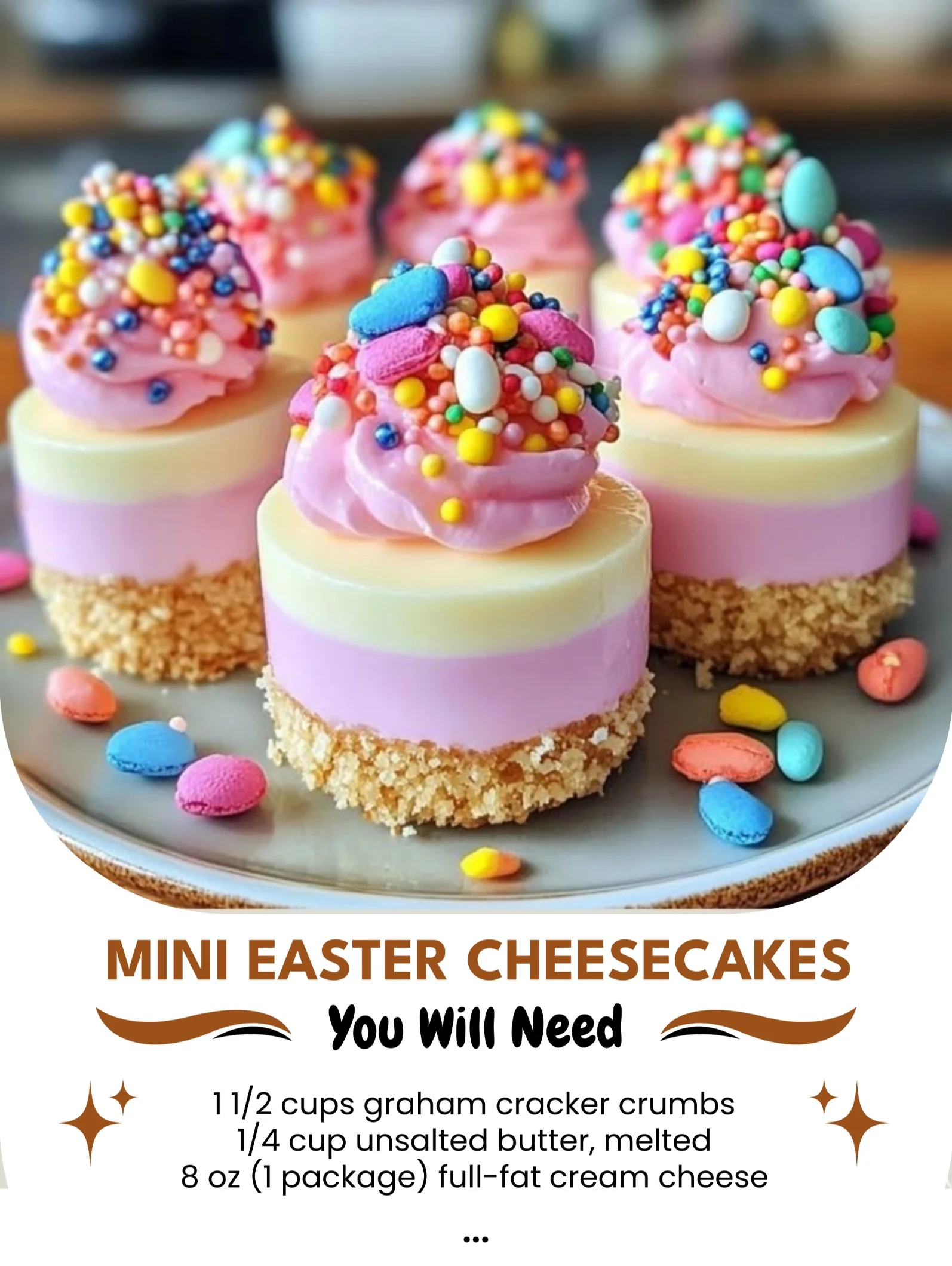 Delicious Mini Easter Cheesecakes topped with colorful Easter-themed decorations