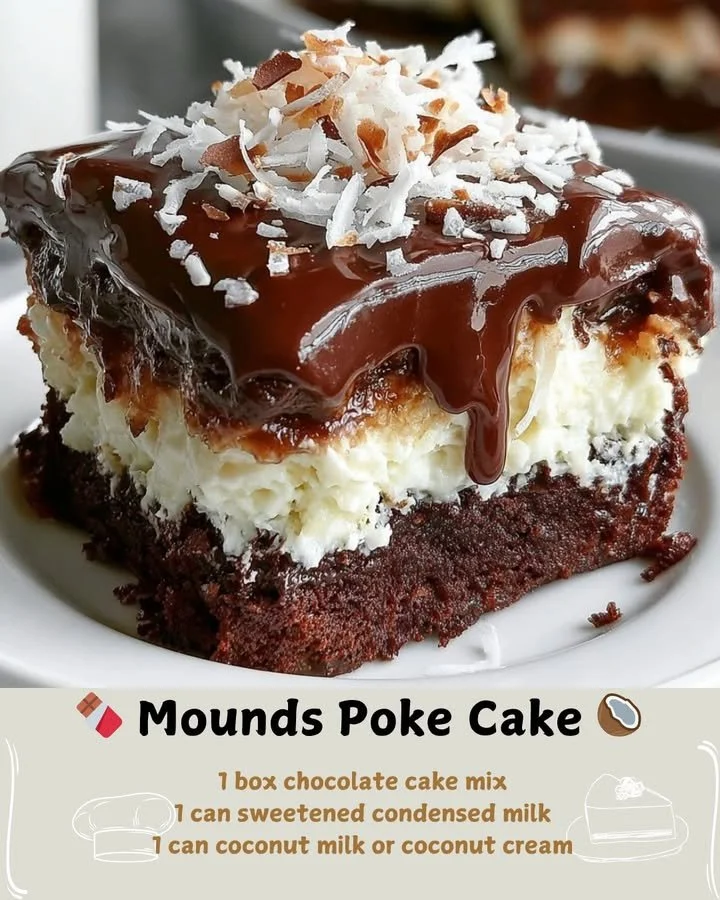 Mounds Poke Cake topped with chocolate and coconut.