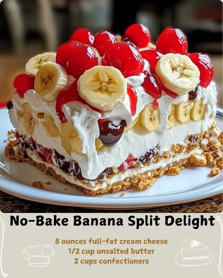 No-Bake Banana Split Delight dessert topped with bananas and whipped cream