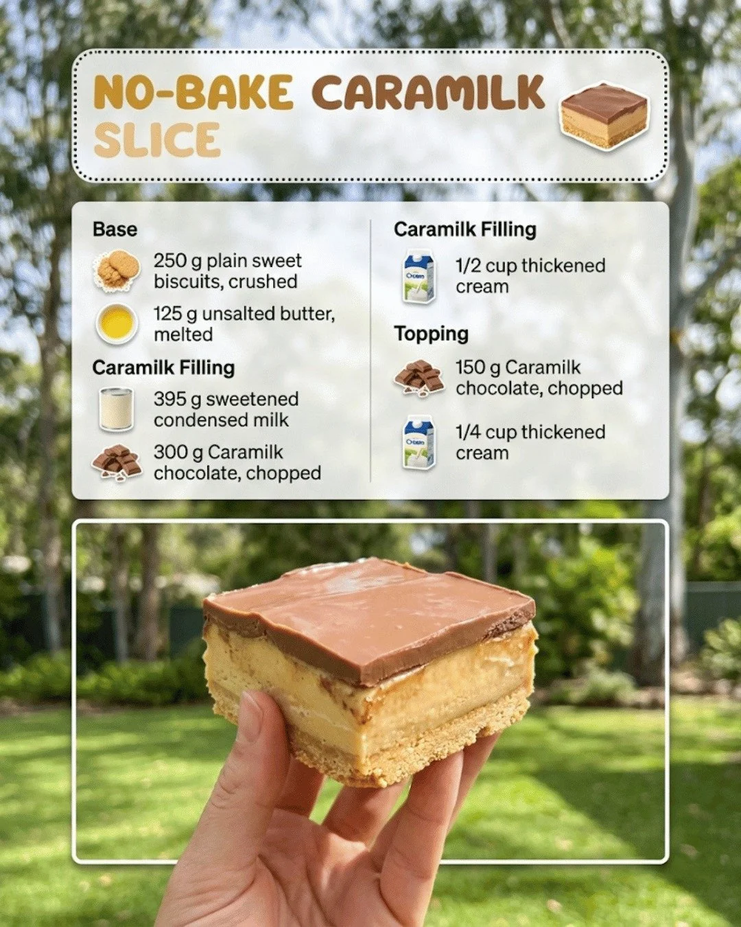 No Bake Caramilk Slice dessert with chocolate and caramel layers