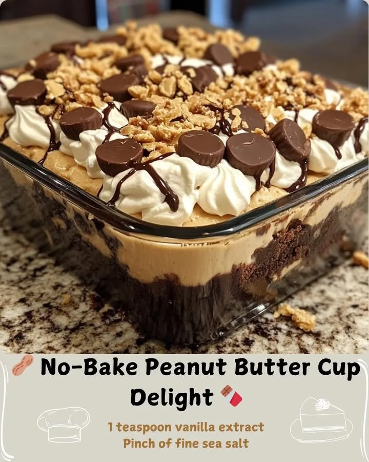 No-bake peanut butter cup delight dessert recipe with chocolate and peanut butter layers